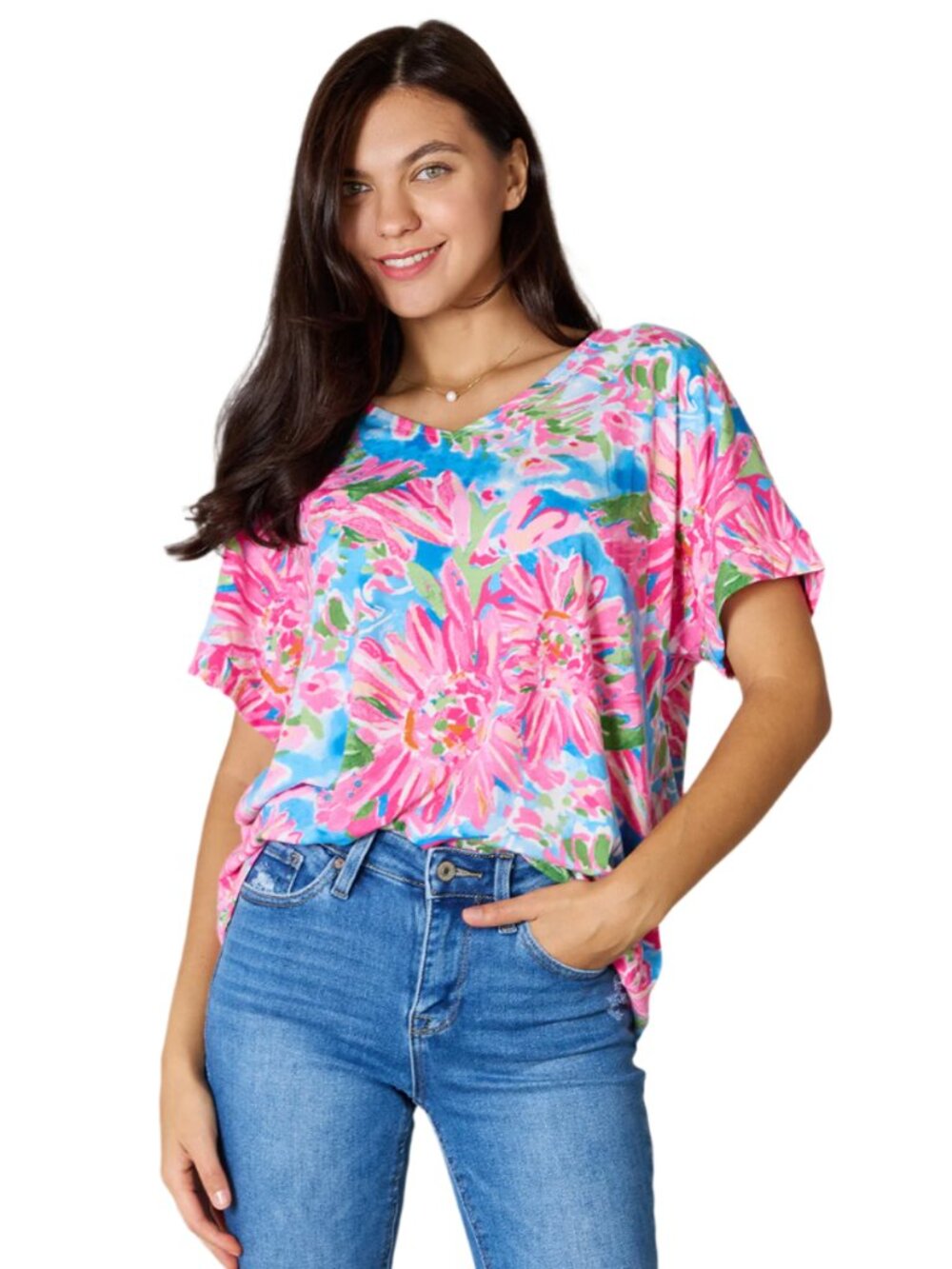 Size Large Pink Floral V-Neck Short Sleeve Blouse